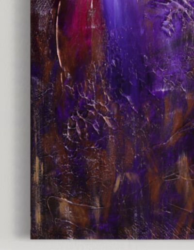 Purple textured painting with dynamic gold detailing, enhancing visual interest and depth.