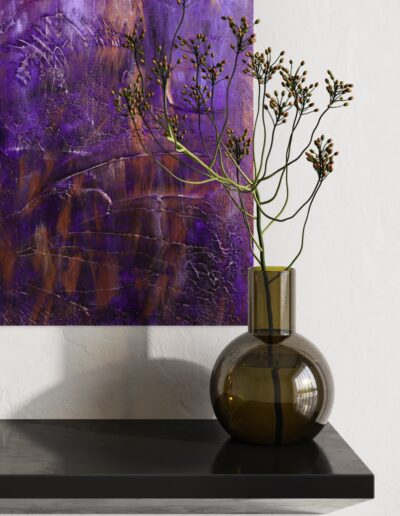 "Elegant purple artwork with white, dark, and gold hues, a statement piece for modern interiors."