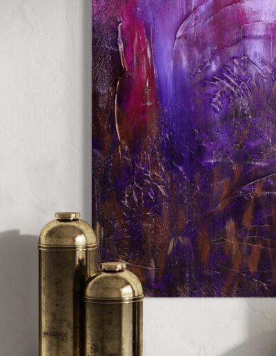 Intriguing purple abstract painting showcasing rich textures and luminous gold highlights