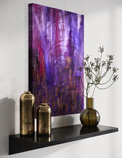 Dynamic purple artwork accented with white, dark, and gold tones, evoking a sense of opulence