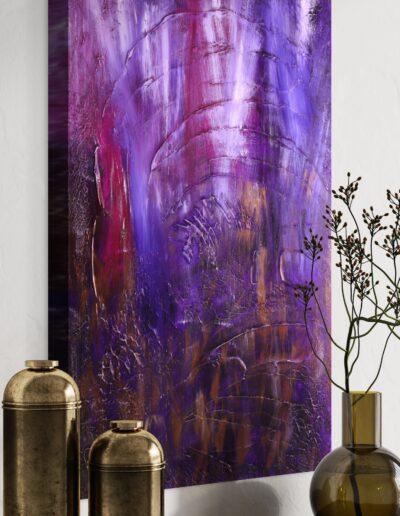 Captivating purple painting with intricate textures and metallic gold embellishments.