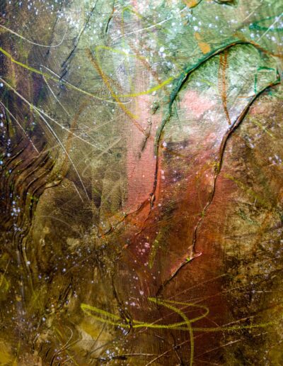 "Intimate view showcasing the rich, multi-layered textures and metallic shimmer of the abstract painting, inviting viewers to explore its intricate details