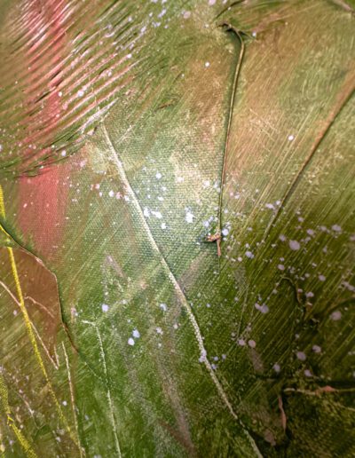 Close-up view of the intricate textures and metallic sheen in the abstract painting, revealing its captivating depth and dimension.