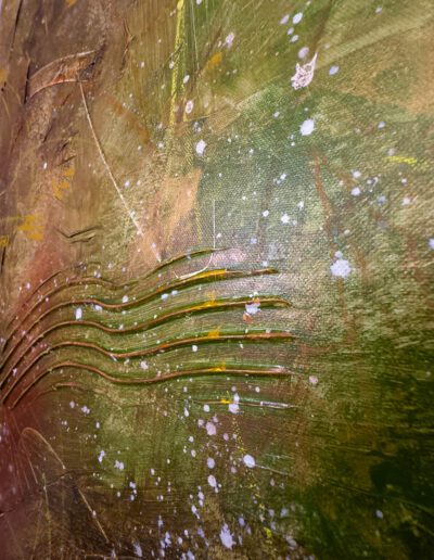 Detailed close-up of the captivating gold, copper, and green hues, showcasing the artist's masterful use of color and texture.