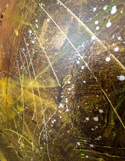 Close-up perspective revealing the dynamic brushwork and intricate patterns in the textured gold, copper, and green elements of the abstract composition.