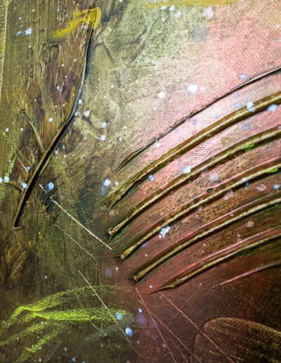 Detailed close-up of the captivating gold, copper, and green hues, showcasing the artist's masterful use of color and texture.