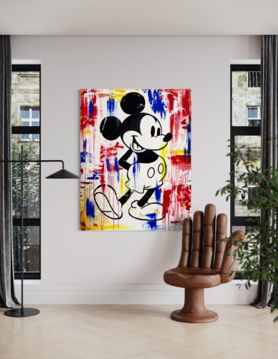 Large pop art style Mickey Mouse painting with bold yellow, blue, and red strokes, ideal for upscale interiors.