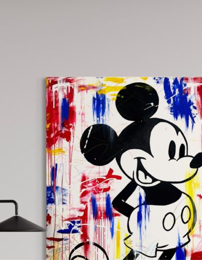Dynamic pop art rendition of Mickey Mouse with energetic yellow, blue, and red accents, a statement piece for modern design
