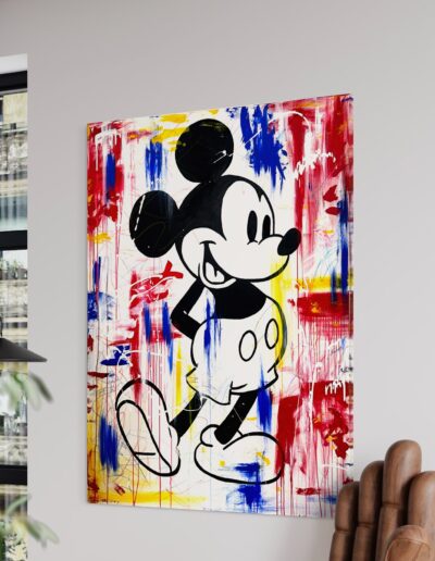 Playful Mickey Mouse artwork in pop art style, featuring vivid yellow, blue, and red strokes, a striking addition to luxury homes.