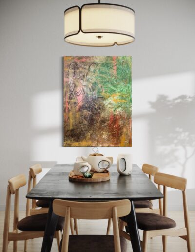 Exquisite abstract painting adorned with gold, copper, and green accents, lending a sophisticated flair to contemporary home decor.