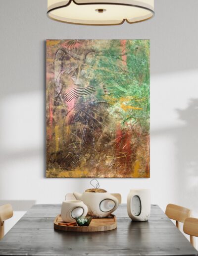 Intriguing abstract composition, enhanced by the interplay of textures and metallic hues, seamlessly blending into the vibrant ambiance of a contemporary art gallery.