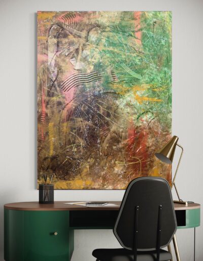 Vibrant abstract painting featuring rich textures and captivating hues of gold, copper, and green, evoking a sense of luxury and intrigue