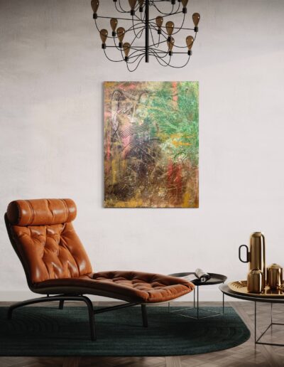 A mesmerizing abstract masterpiece, harmonizing with the warm tones of a cozy living room while adding a touch of modern opulence